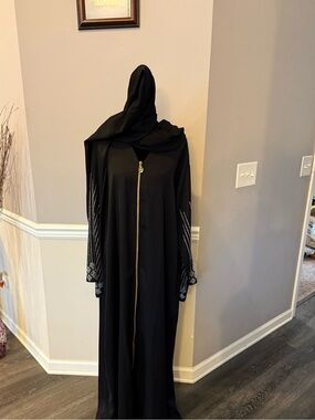 Luxury Black Rhinestone Abaya w/ Matching Hijab 56 Length